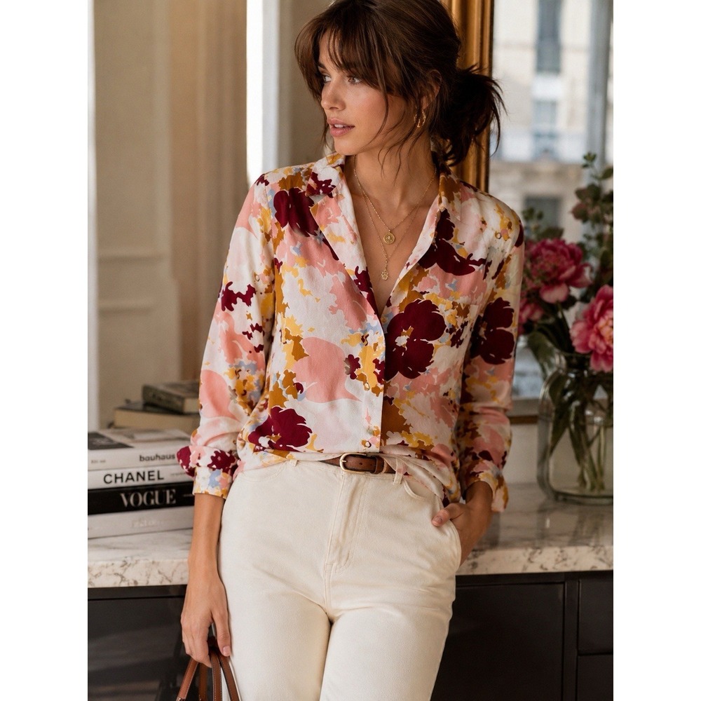 Sezane 100% Silk‎ Floral Blouse EU 34 US S Upholstered Buttons Elegant Paris